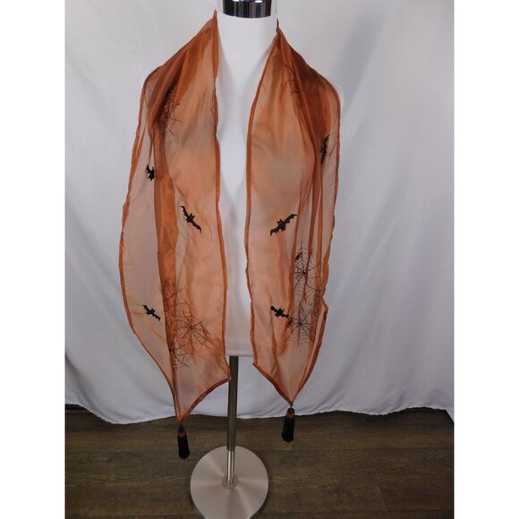 Orange Bats Spiderweb Embroidered Tassel Sheer Scarf OS - Picture 5 of 10